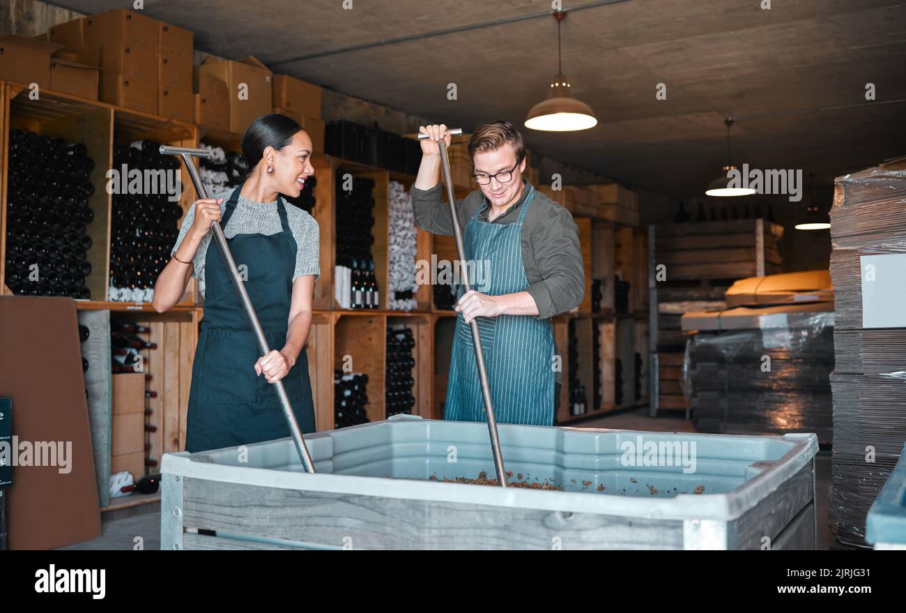 I lavoratori della cantina che fabbricano vino con uno strumento per la stampa di frutta o attrezzature in magazzino o in distilleria. Viticoltori di donna e uomo o gente di fabbrica che preme il succo Foto Stock