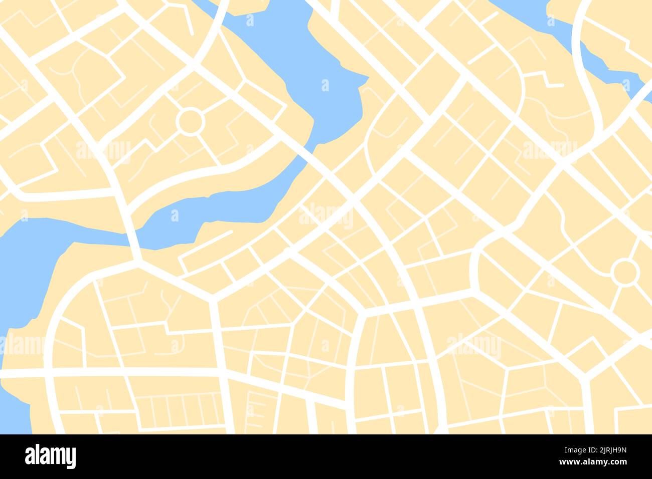 Vista aerea pulita dall'alto della mappa notturna della città con strada e fiume, mappa vuota dell'immaginazione urbana, concetto di navigatore della mappa GPS, illustrazione vettoriale Foto Stock