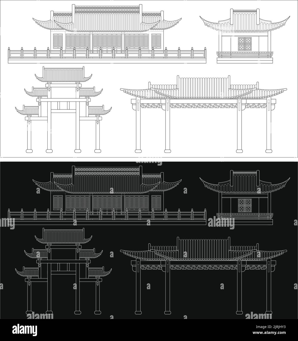 Grafica vettoriale modificabile a strati di edifici in stile tradizionale cinese tra cui case, padiglioni, arcate. Illustrazione Vettoriale
