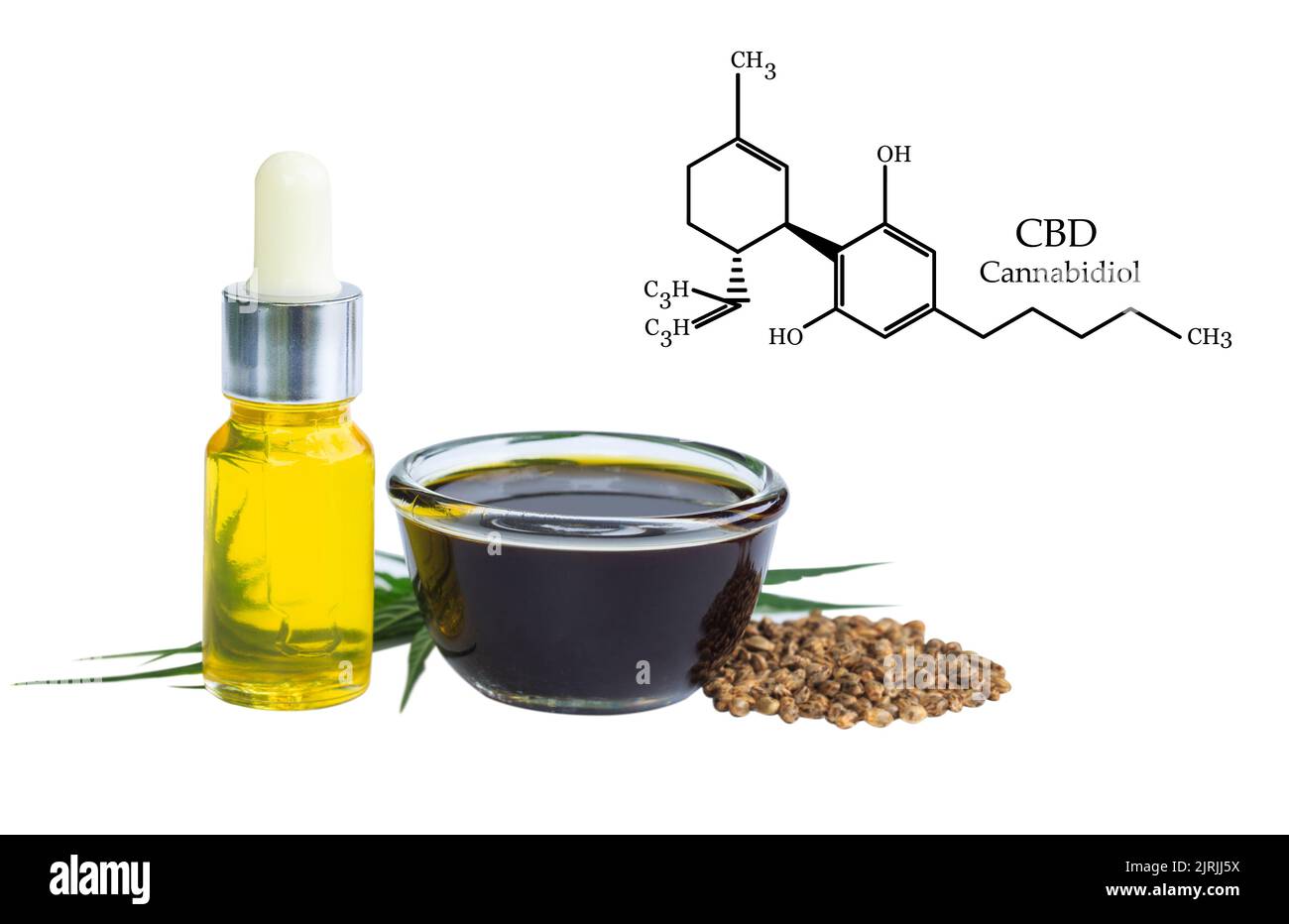 Olio di cannabis CBD. Olio di canapa e semi di canapa isolati su sfondo bianco. Olio di cannabis sano. Foto Stock