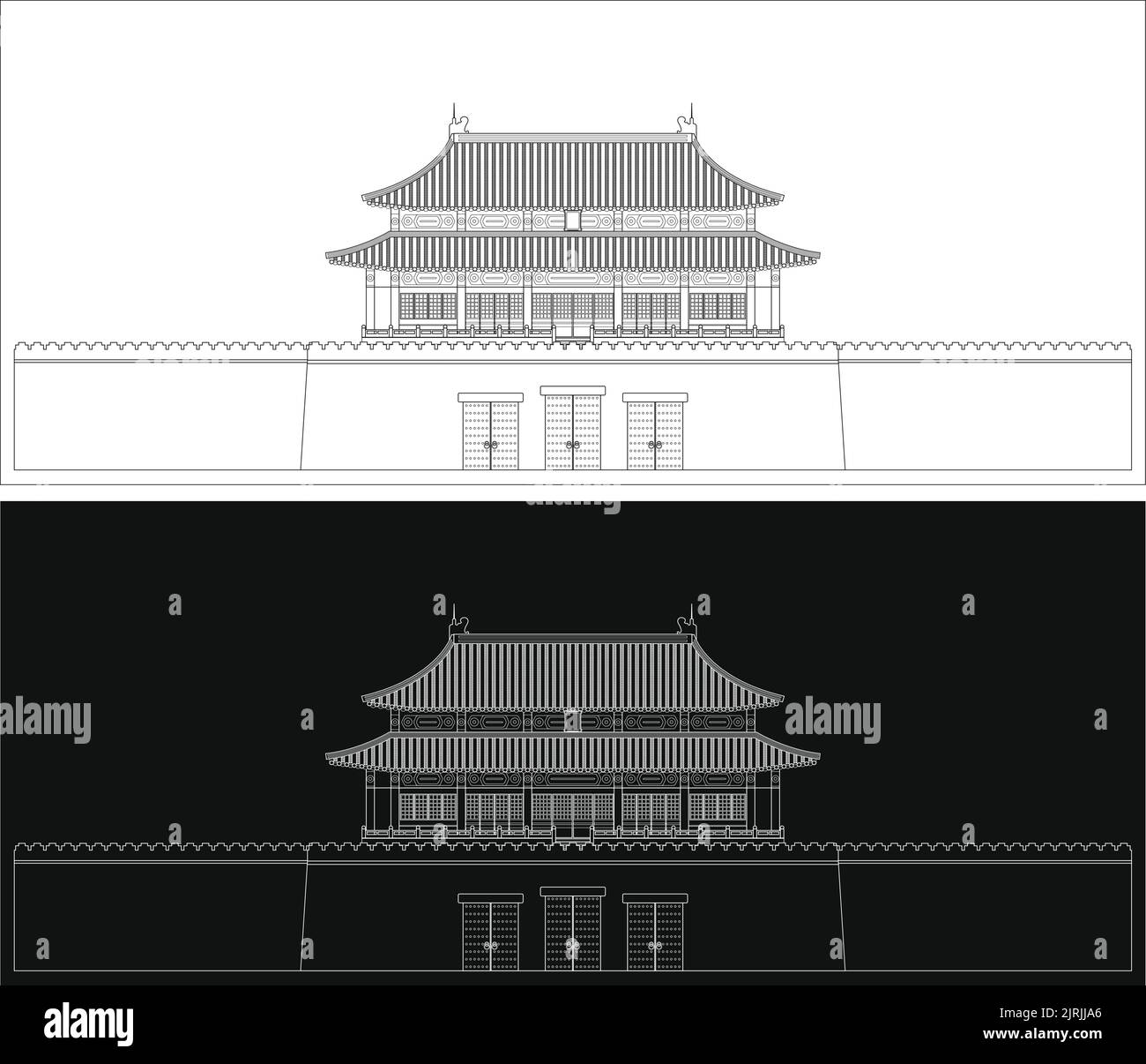 Disegno vettoriale modificabile a strati del tradizionale palazzo reale in Cina. Illustrazione Vettoriale