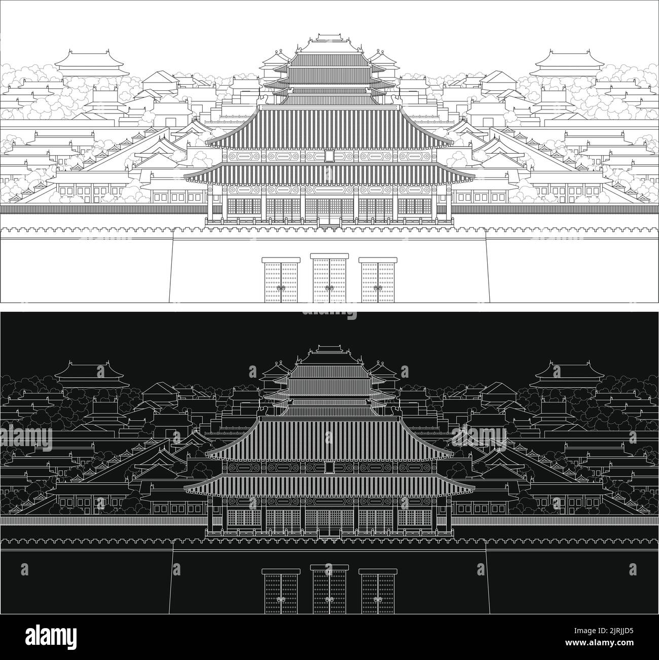 Disegno vettoriale modificabile a strati della Città Proibita a Pechino, Cina. Illustrazione Vettoriale