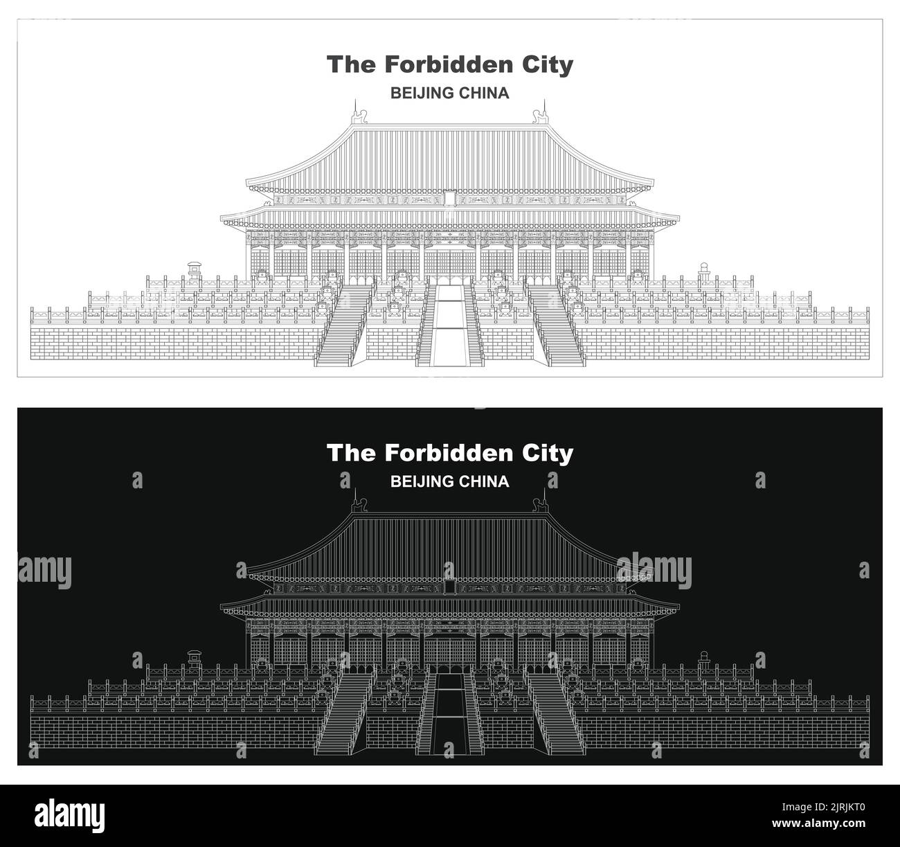 Disegno vettoriale modificabile a strati dell'antico palazzo reale nella città proibita, Pechino, cina. Illustrazione Vettoriale