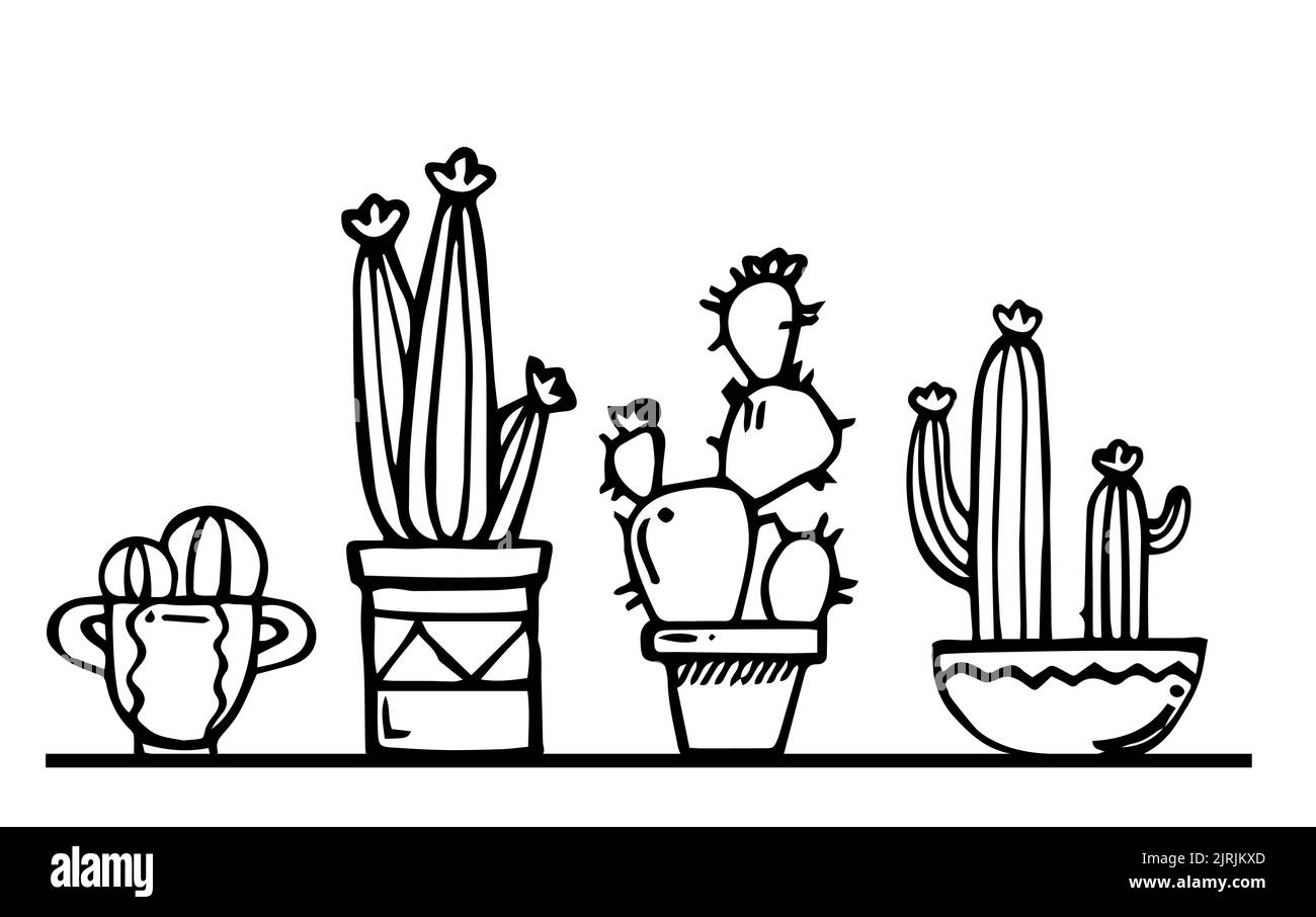 Cactus piante da interno in pentole. Spine domestiche esotiche. Contorno schizzo disegnato a mano. Disegno con inchiostro. Isolato su sfondo bianco. Vettore. Illustrazione Vettoriale