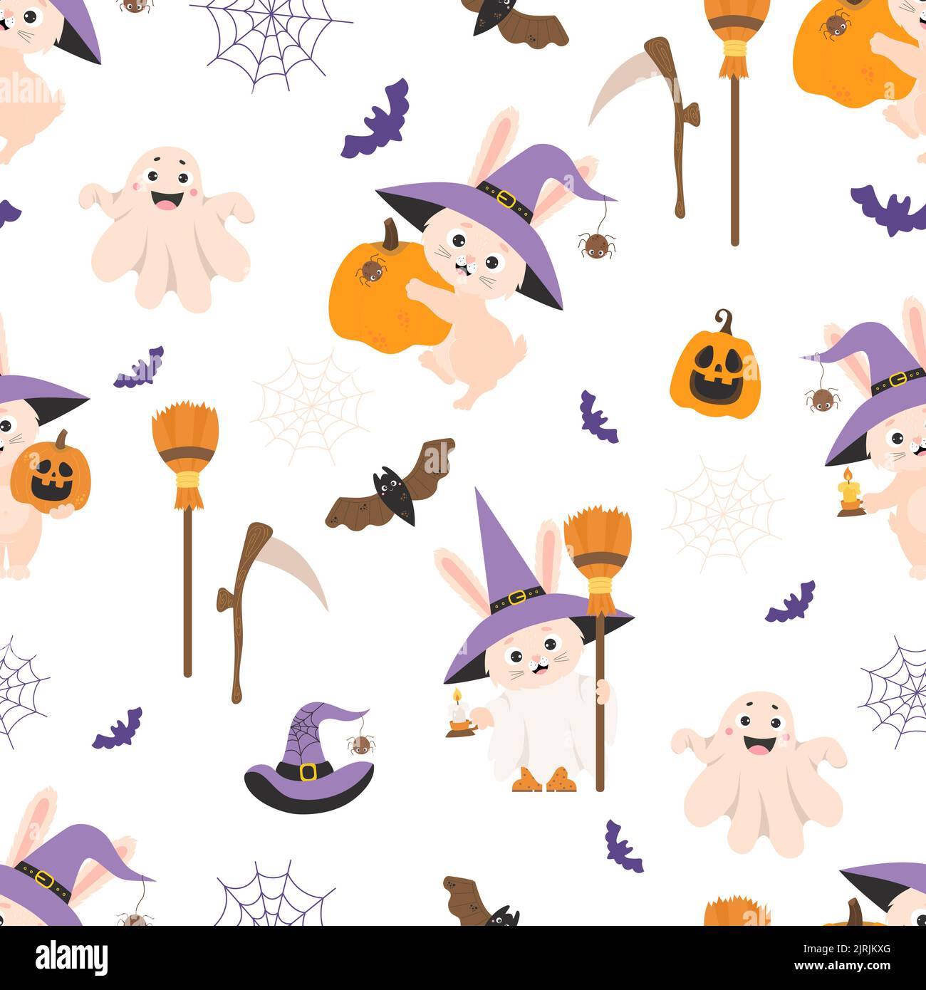 Motivo senza cuciture Halloween. Coniglietto carino in cappello di streghe con scopa e con Jack Pumpkin, fantasma e pipistrelli su sfondo bianco con ciottoli. Illustrazione del vettore Illustrazione Vettoriale