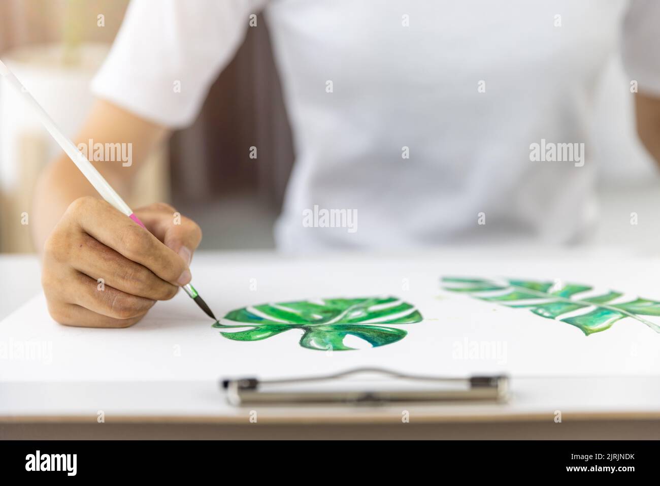 Primo piano Paint su una tavola da disegno in casa per creare arte con acquerelli e pennelli. Foto Stock