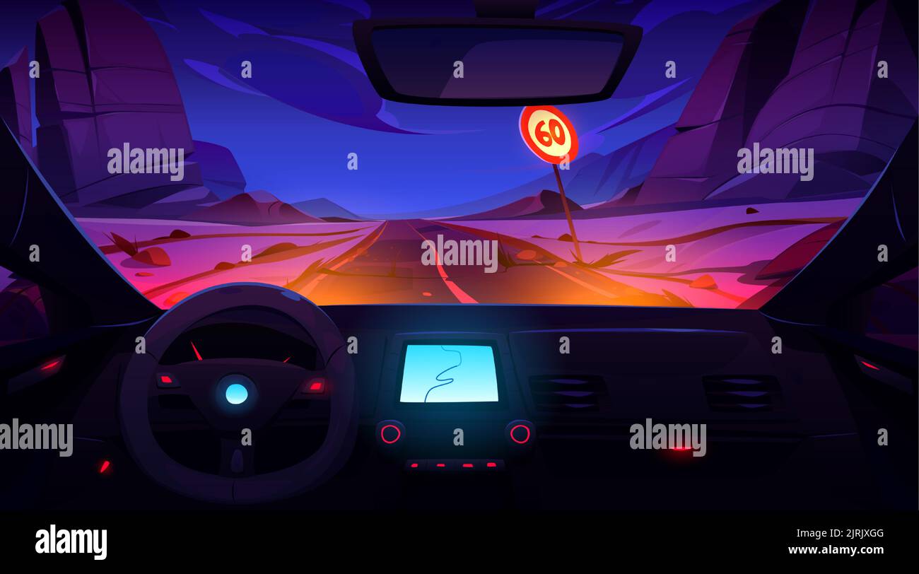 Interno del salone auto con volante, cruscotto e schermo del navigatore gps. Cartoni animati vettoriali illustrazione del paesaggio montano con vista su autostrada e segnaletica stradale dal finestrino del veicolo di notte Illustrazione Vettoriale