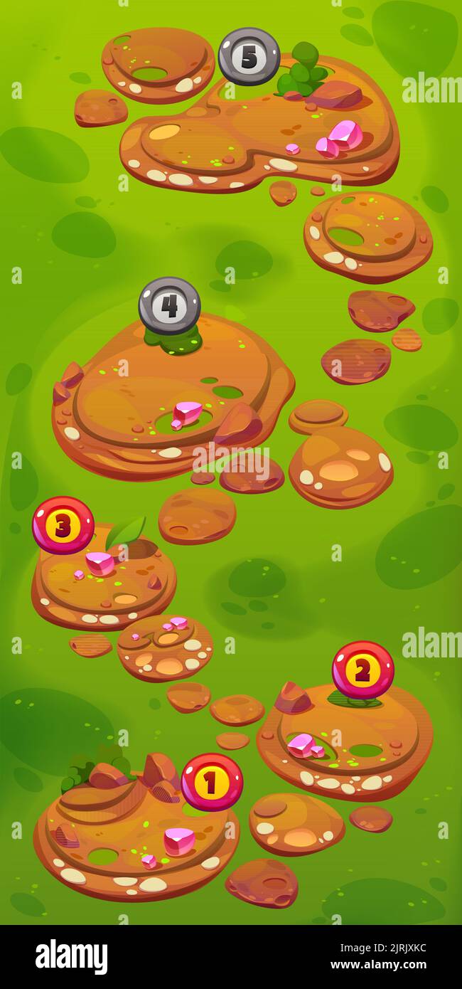 Sfondo del gioco con mappa di livello con icone con numeri sul paesaggio estivo con prato verde, erba e pietre. Illustrazione di cartoni animati vettoriali per l'interfaccia di gioco mobile Illustrazione Vettoriale