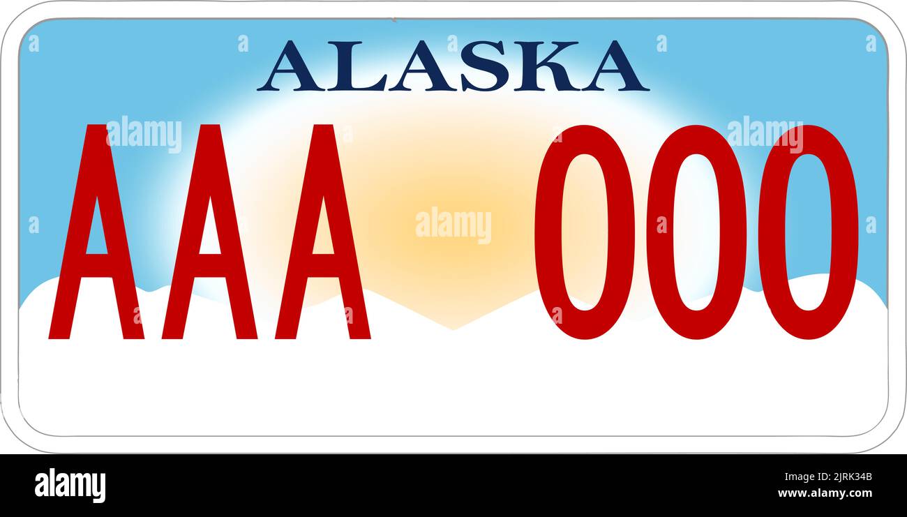 Marcatura delle targhe dei veicoli in Alaska negli Stati Uniti d'America, targhe per auto. Numeri di patente di guida dei diversi stati americani. Stampa vintage Illustrazione Vettoriale