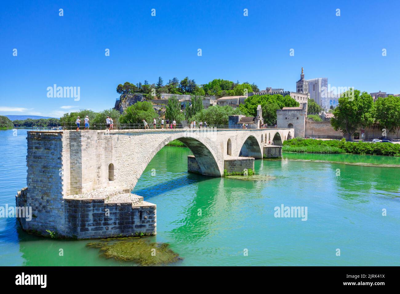 Ponte di Avignone con Palazzo dei Papi e fiume Rodano, Pont Saint-Benezet, Provenza, Francia. Foto Stock