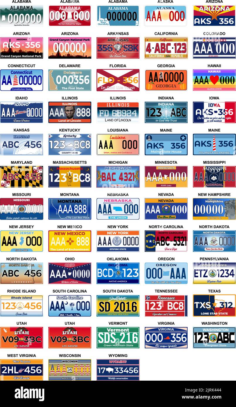 Set completo 50 targhe per gli Stati Uniti - tutti i 50 Stati Uniti, Design speciale e regolamento per tutti gli Stati Uniti, numeri di targa del veicolo in Illustrazione Vettoriale