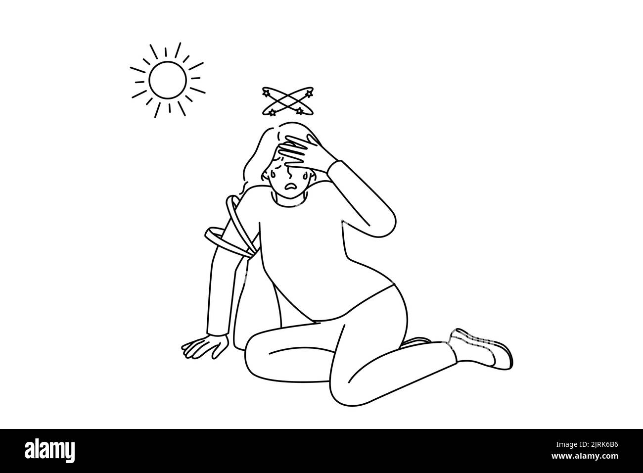Donna malsana caduta a terra soffrono di colpo di calore dal caldo all'esterno. Sensazione di male femminile perdere coscienza lotta con il calore. Concetto di surriscaldamento. Illustrazione vettoriale. Illustrazione Vettoriale