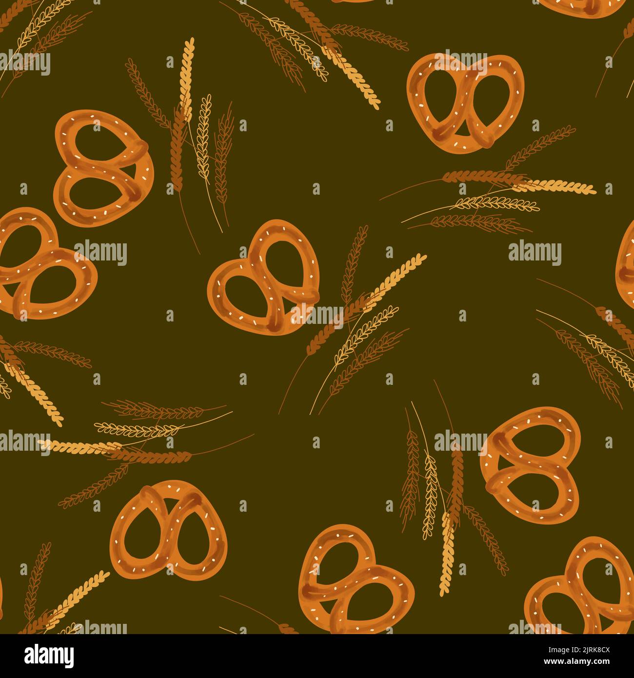 Motivo senza cuciture con spighe di grano e pretzel su sfondo marrone Illustrazione Vettoriale