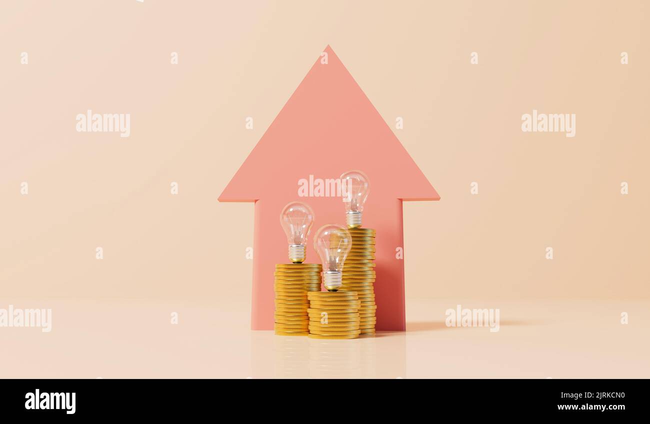 Costo crescente di elettrico. Concetto di aumento del prezzo dell'energia. Rendering 3D Foto Stock