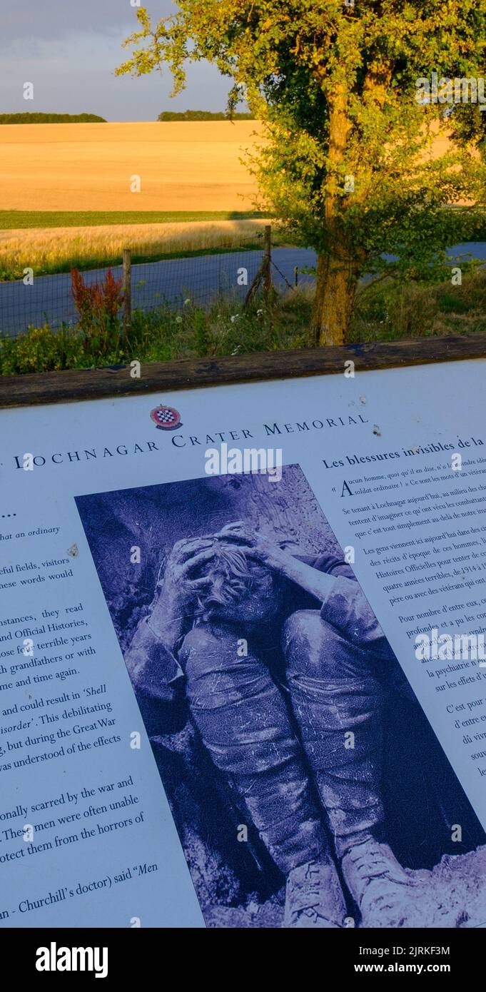 Pannello informativo che illustra il disturbo da stress post traumatico o lo shock della conchiglia subiti dai soldati nel WW1, cratere di Lochnagar, Somme, Francia Foto Stock