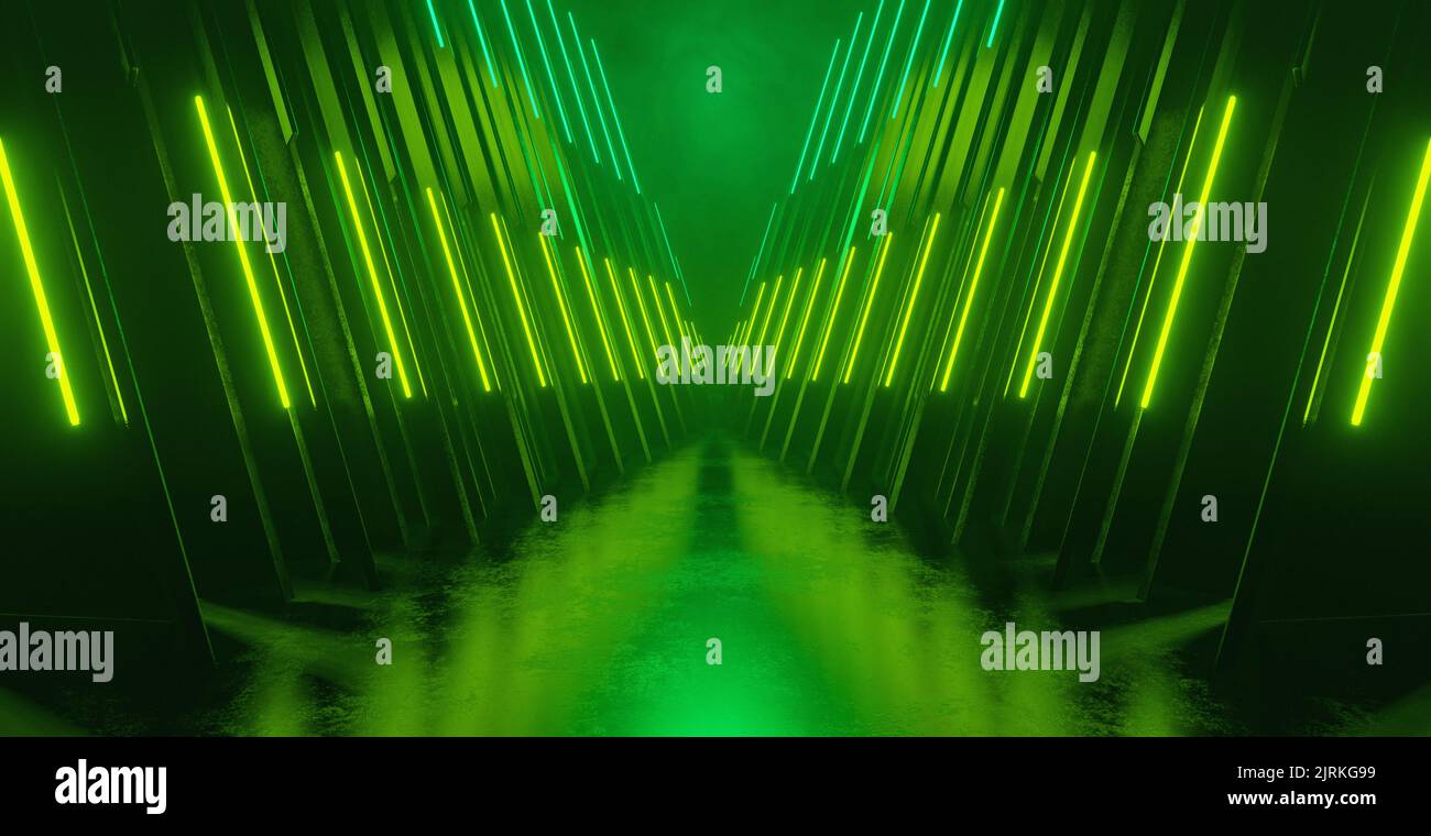 Green Alien Room futuristico sfondo sotterraneo Hall corridoio Tunnel LED luci laser 3D Illustrazione Foto Stock