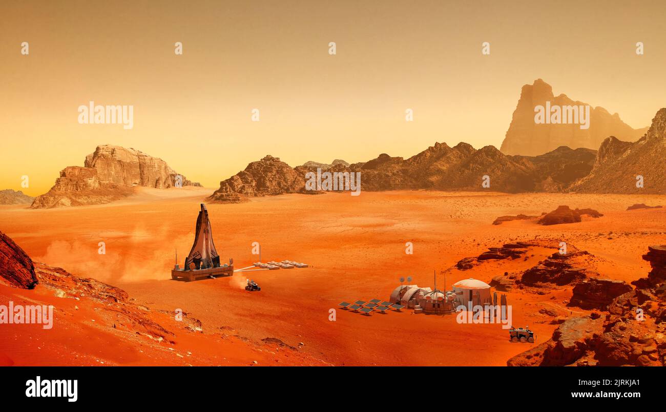 Base e navicella spaziale sul pianeta Marte. Missione su Marte Foto Stock