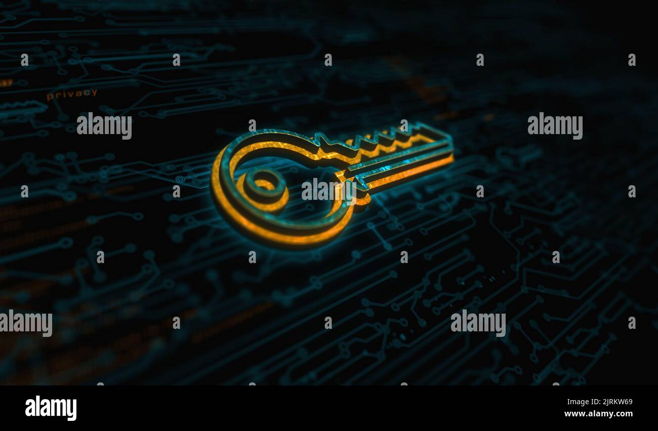 Sicurezza informatica e password con il concetto digitale Key Symbol. Rete, cyber tecnologia e computer sfondo astratto 3D illustrazione. Foto Stock