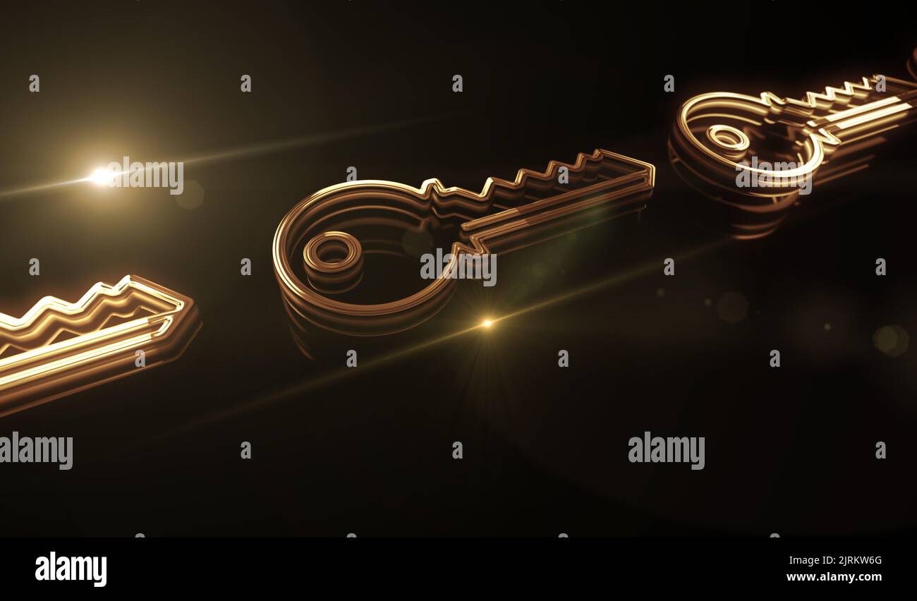 Sicurezza informatica e password con il simbolo Key Golden Metal Shine. Spettacolare luce brillante e riflessione icona astratta oggetto 3D illlust Foto Stock