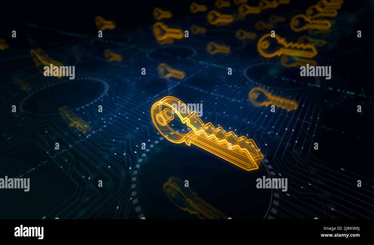 Sicurezza informatica e password con il concetto digitale Key Symbol. Rete, cyber tecnologia e computer sfondo astratto 3D illustrazione. Foto Stock