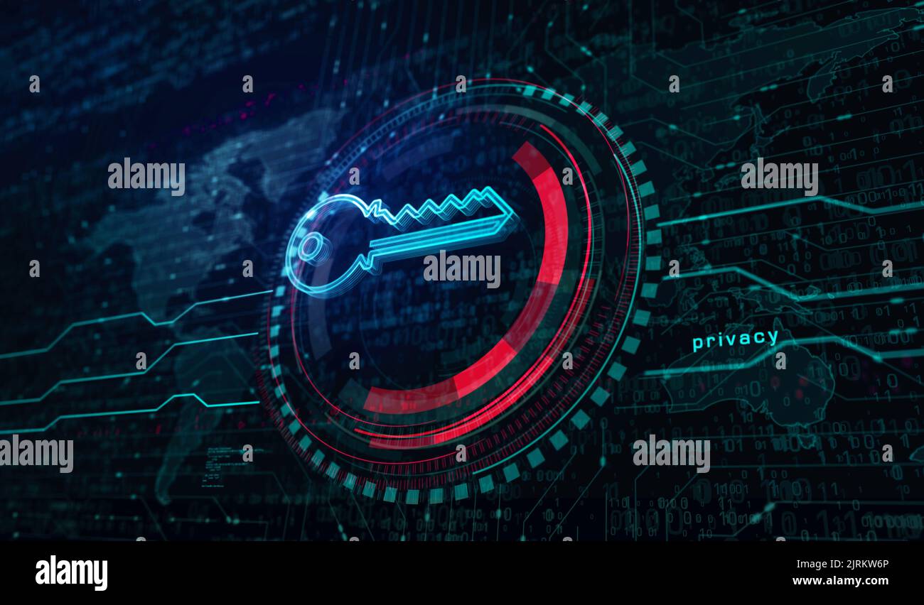 Sicurezza informatica e password con il concetto digitale Key Symbol. Rete, cyber tecnologia e computer sfondo astratto 3D illustrazione. Foto Stock
