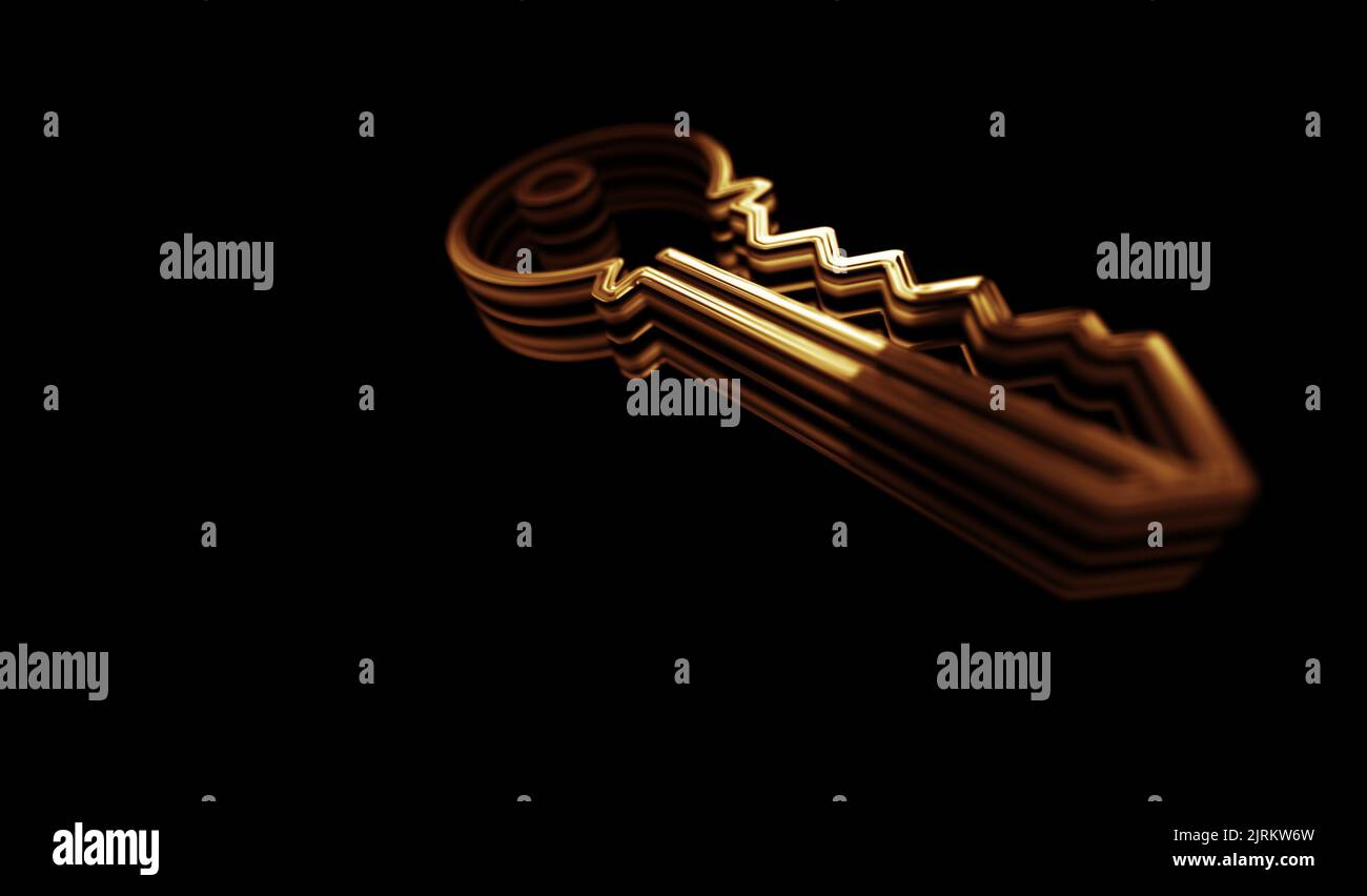 Sicurezza informatica e password con il simbolo Key Golden Metal Shine. Spettacolare luce brillante e riflessione icona astratta oggetto 3D illlust Foto Stock