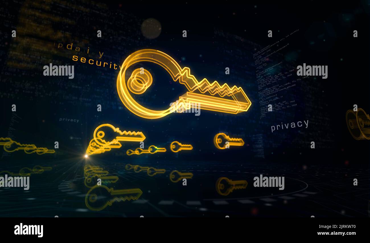 Sicurezza informatica e password con il concetto digitale Key Symbol. Rete, cyber tecnologia e computer sfondo astratto 3D illustrazione. Foto Stock