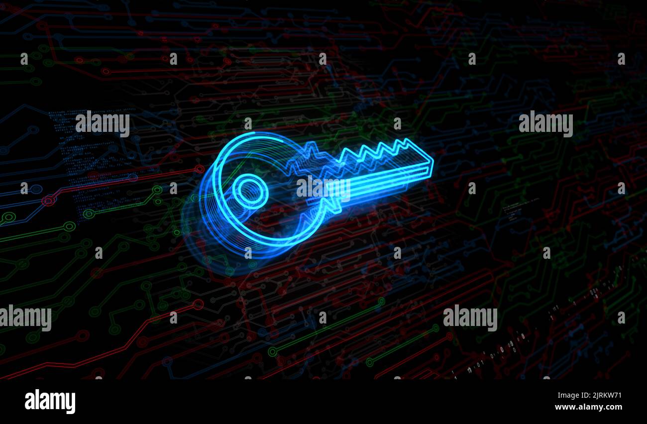 Sicurezza informatica e password con il concetto digitale Key Symbol. Rete, cyber tecnologia e computer sfondo astratto 3D illustrazione. Foto Stock