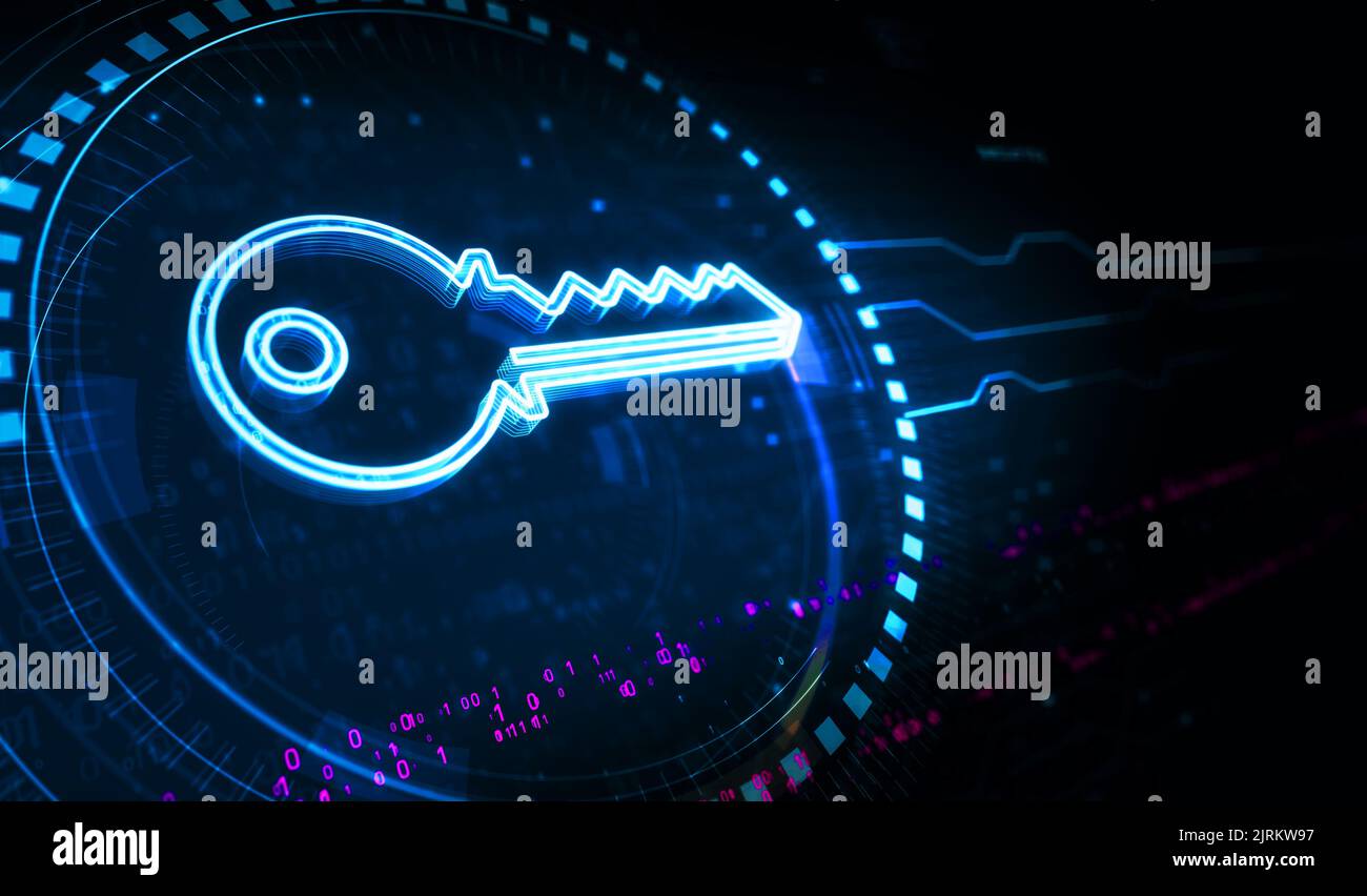 Sicurezza informatica e password con il concetto digitale Key Symbol. Rete, cyber tecnologia e computer sfondo astratto 3D illustrazione. Foto Stock
