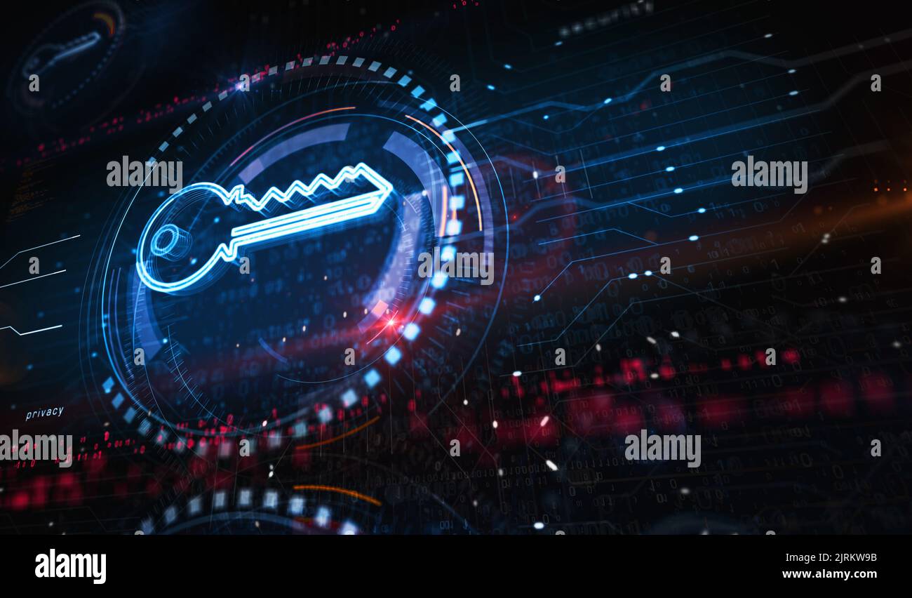 Sicurezza informatica e password con il concetto digitale Key Symbol. Rete, cyber tecnologia e computer sfondo astratto 3D illustrazione. Foto Stock