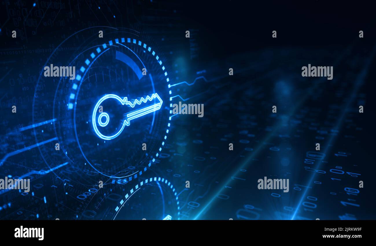 Sicurezza informatica e password con il concetto digitale Key Symbol. Rete, cyber tecnologia e computer sfondo astratto 3D illustrazione. Foto Stock