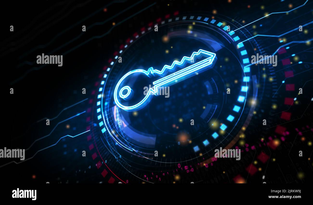 Sicurezza informatica e password con il concetto digitale Key Symbol. Rete, cyber tecnologia e computer sfondo astratto 3D illustrazione. Foto Stock