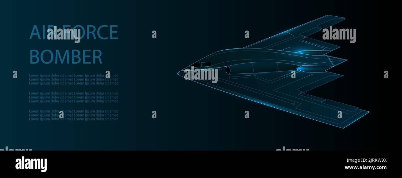 Illustrazione del vettore aereo bombardiere B2. B-2 aereo da guerra moderno con linee e luci. Modello futuristico Air Force per il tuo design mock-up. Illustrazione Vettoriale