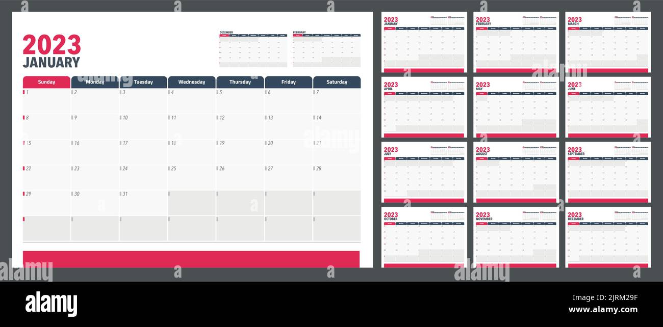 Calendar Planner 2023 in lingua inglese. Inizio settimana Domenica, modello Corporate Design Planner. Illustrazione Vettoriale