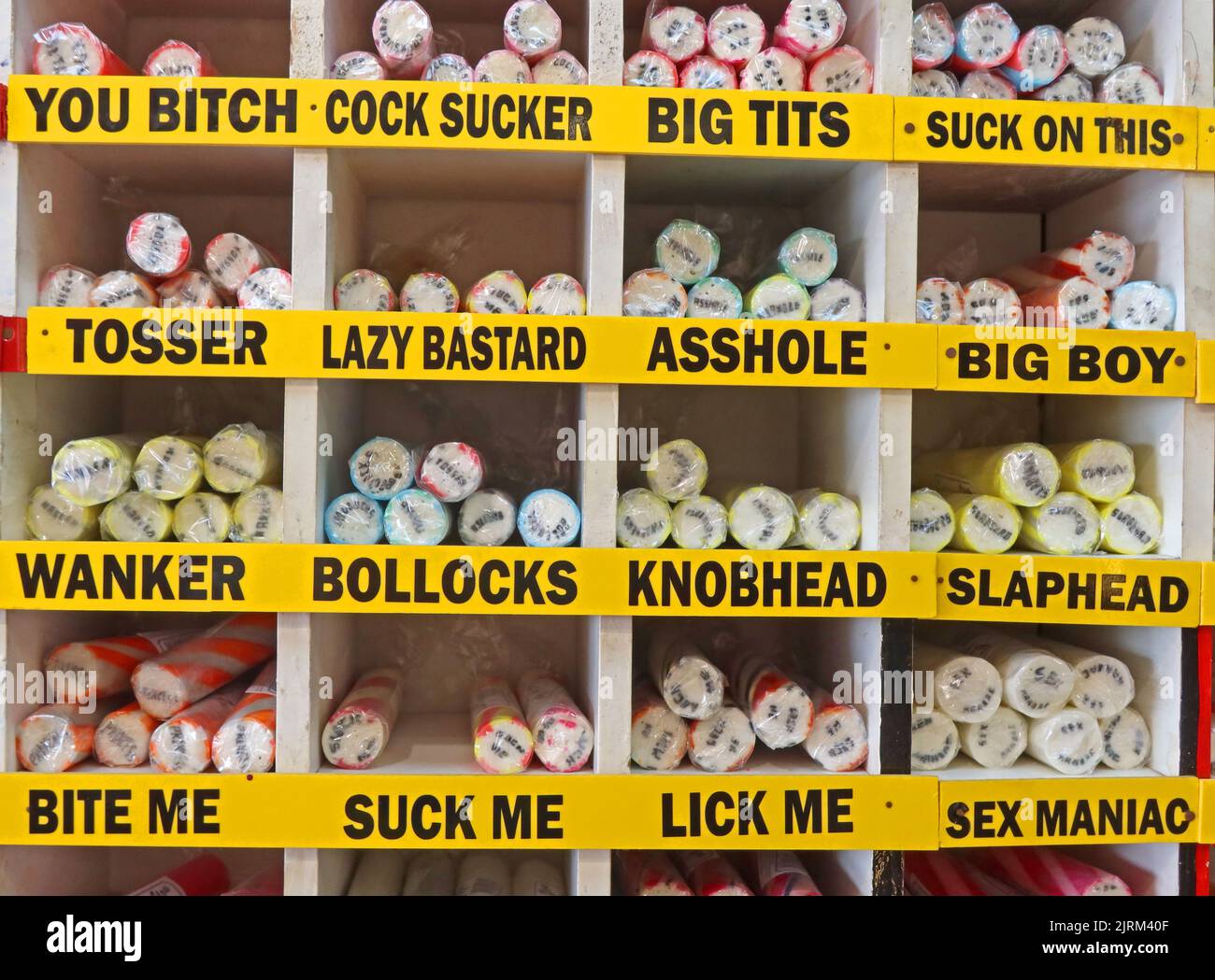 Sweary Sugar Sweet rock, in vendita a Blackpool, Lancashire, Inghilterra, Regno Unito Foto Stock
