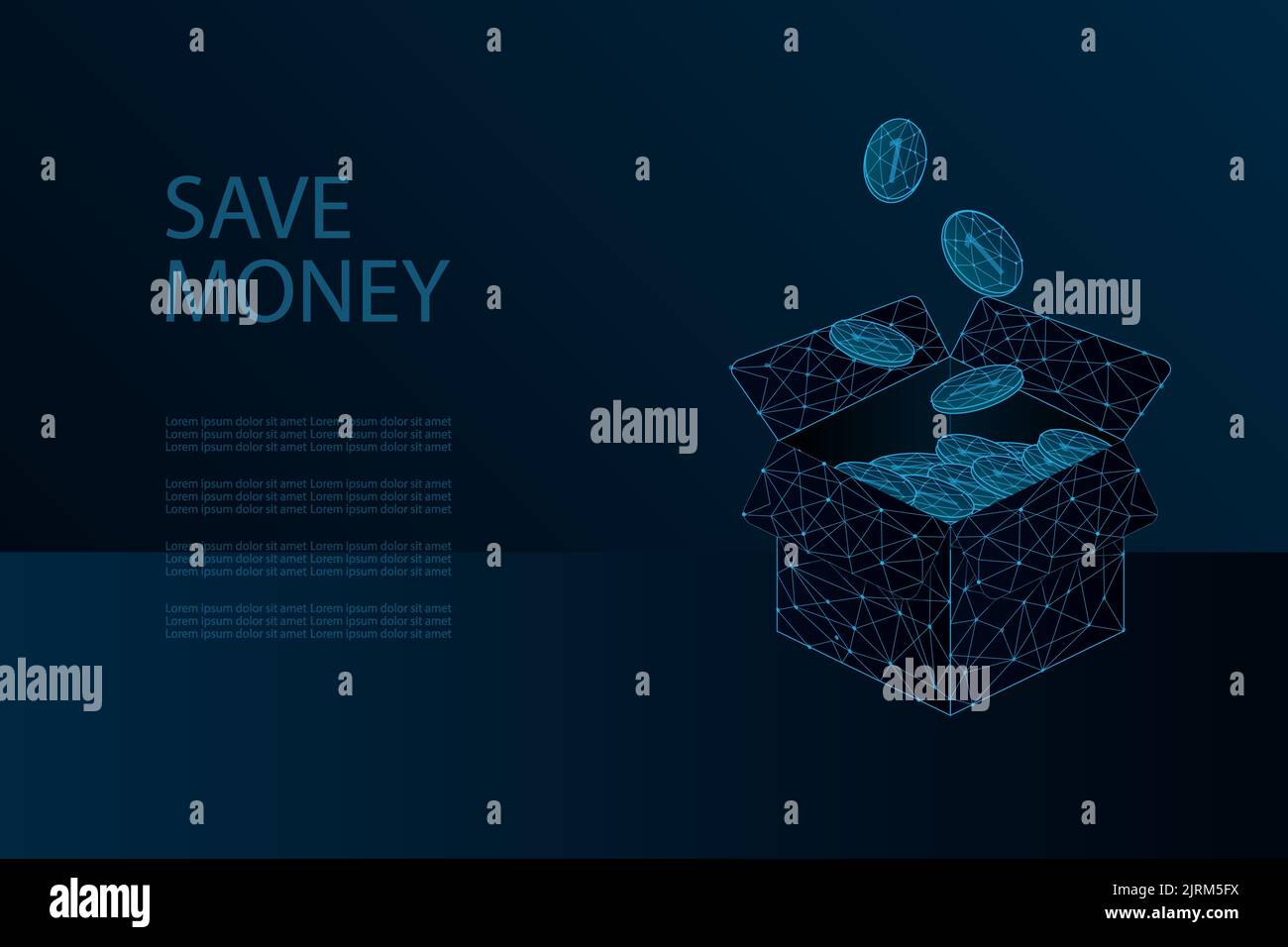 Risparmia denaro concetto con molte monete in scatola aperta. Monete digitali in stile wireframe low poly. Finanza o business background con connessione leggera Illustrazione Vettoriale