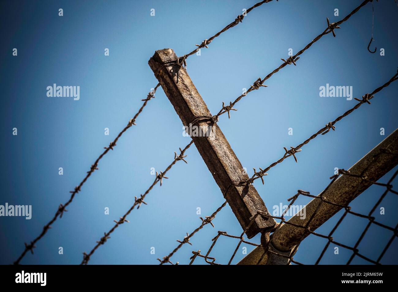Un primo piano di una recinzione con filo spinato Foto stock - Alamy