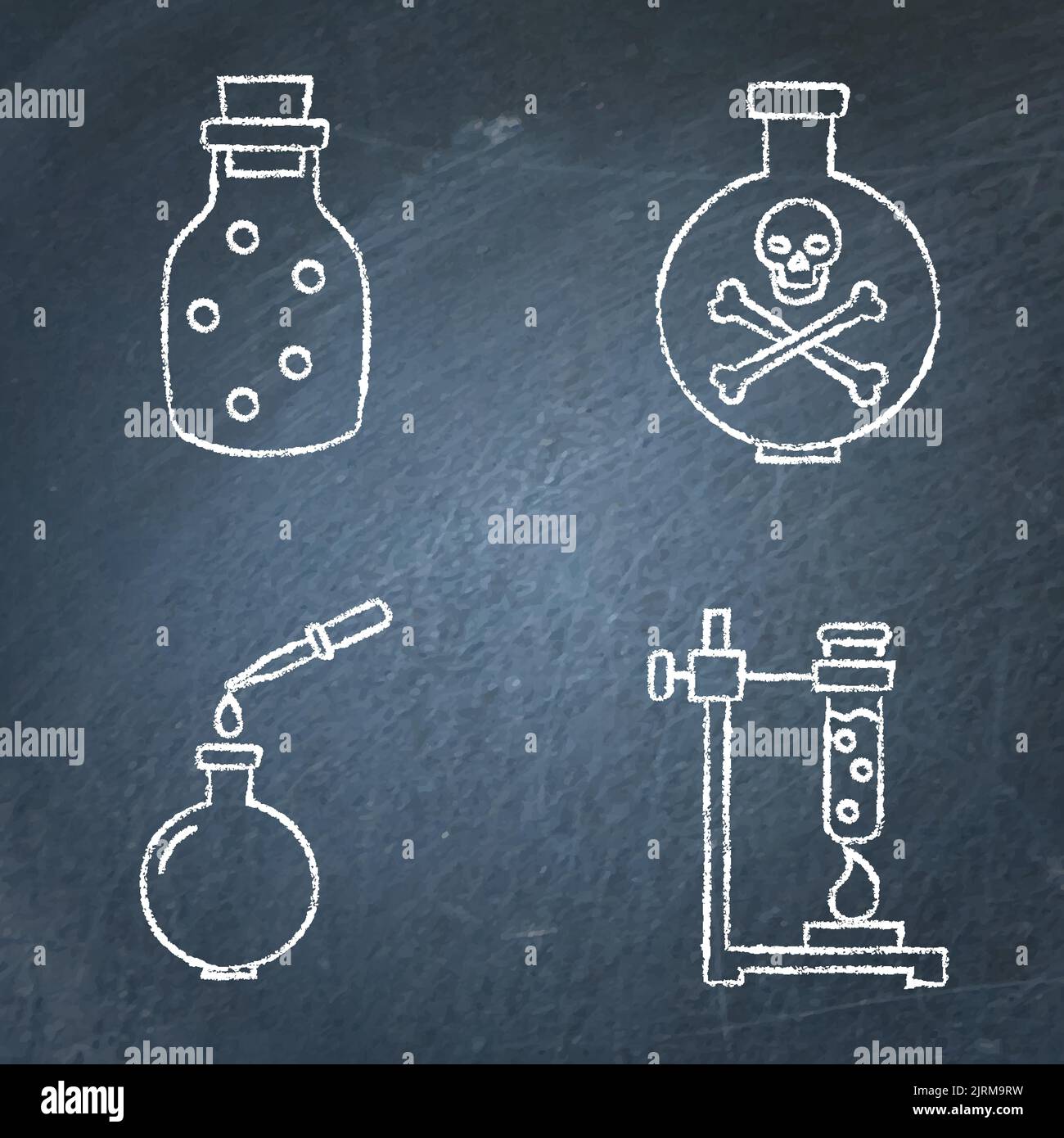 Chemistry science icon set on chalkboard. Chemical lab equipment for experiments. Vector illustration. Illustrazione Vettoriale