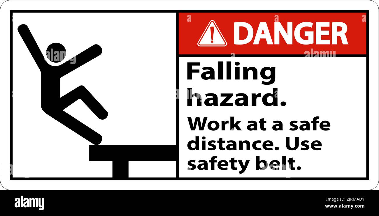Pericolo pericolo di caduta utilizzare il cartello con la cintura di sicurezza su sfondo bianco Illustrazione Vettoriale