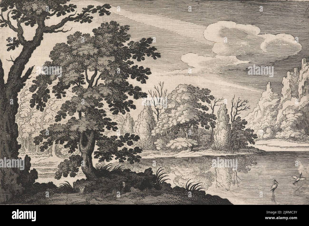 Paesaggi dopo Hans Bol e Paul Bril. Piastra 3. Stagno in un bosco con due cicogne., 1611-1650, di Matthäus Merian il Vecchio. Dono del Vescovo Monrad, 1869. Foto Stock