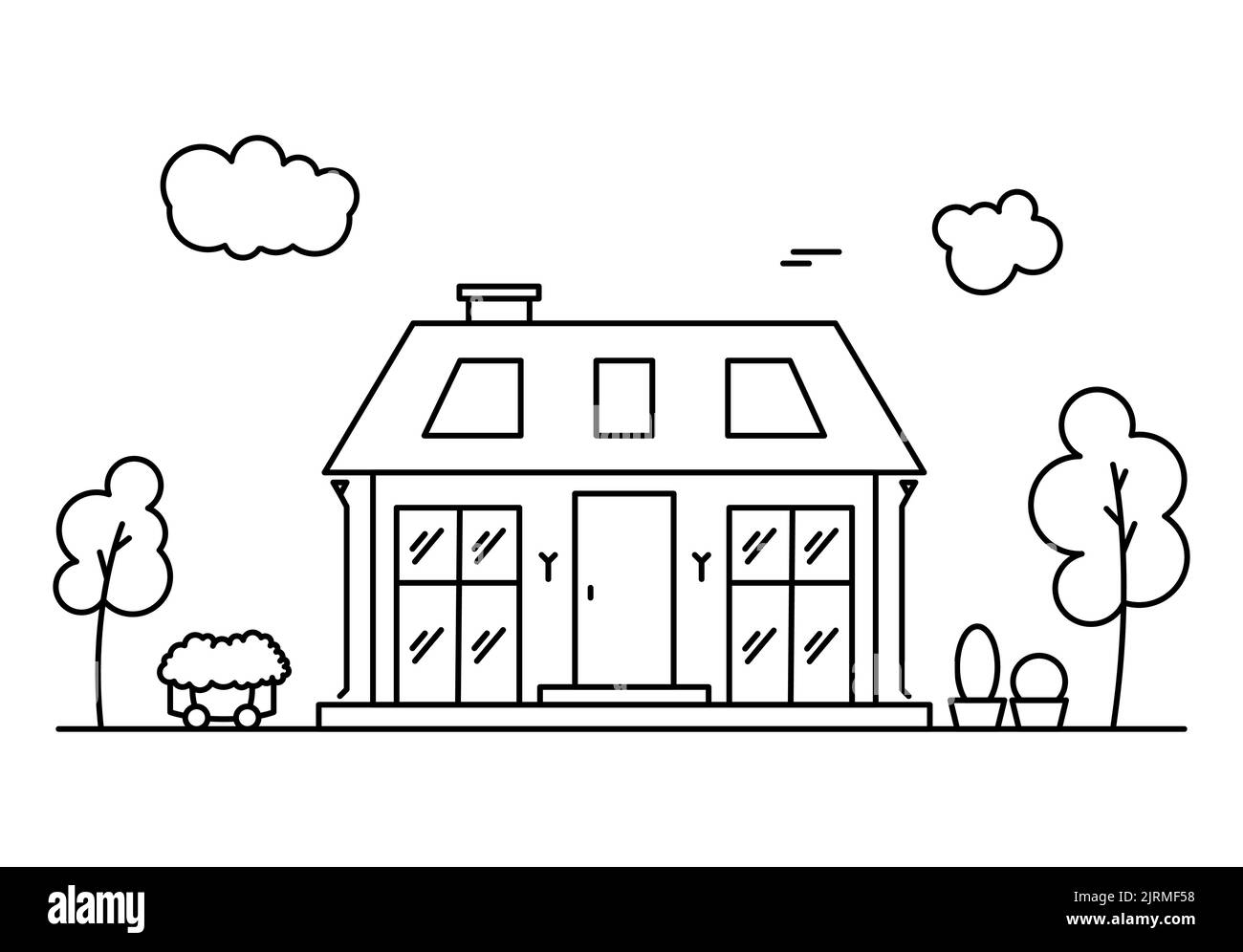 Quartiere linea d'arte con una casa e alberi. Illustrazione Vettoriale