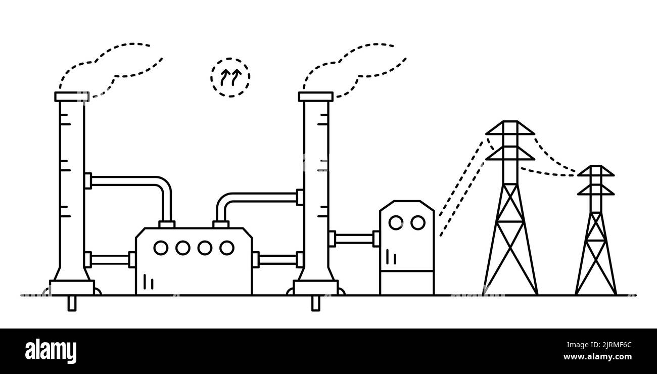 Stazione geotermica disegnando in stile arte di linea. Fonte di energia rinnovabile. Illustrazione Vettoriale