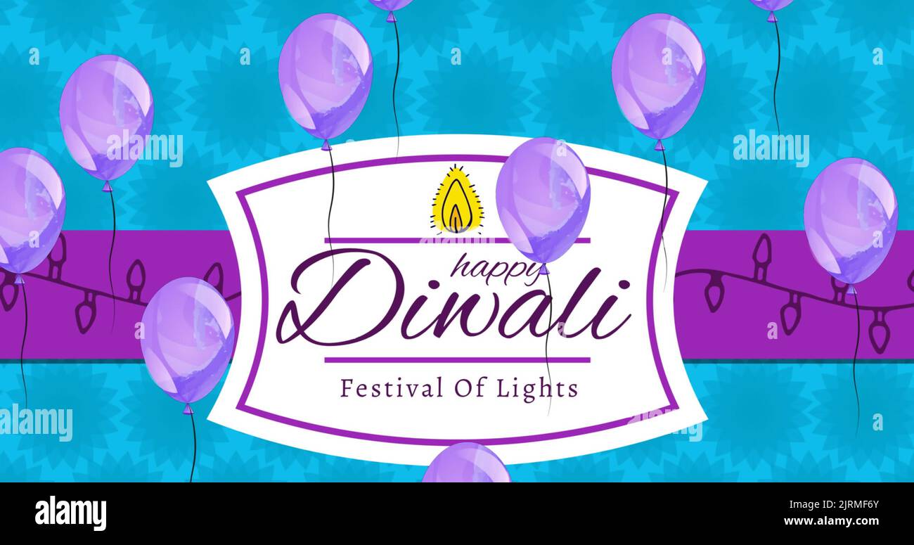 Immagine di palloncini galleggianti su felice diwali festival di luci su tag su sfondo blu Foto Stock