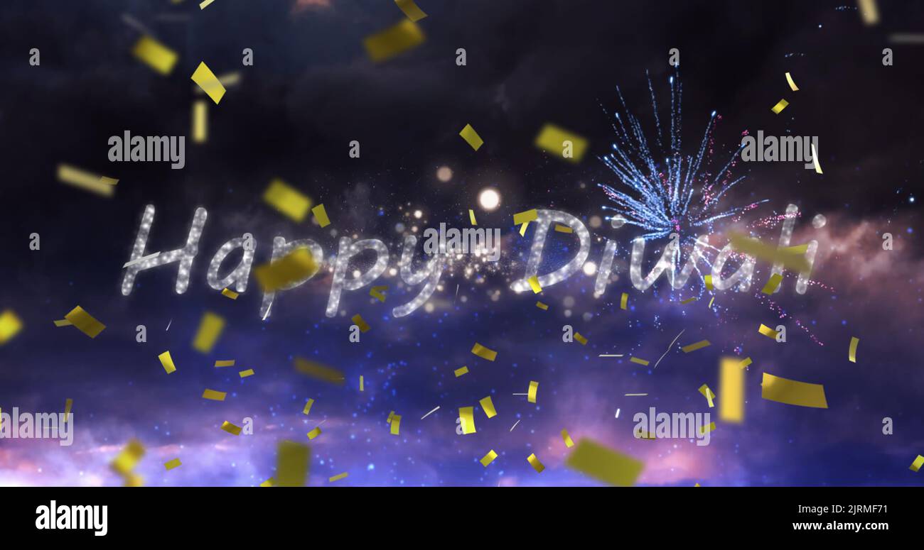 Immagine di Happy diwali su fuochi d'artificio e confetti su sfondo nero Foto Stock