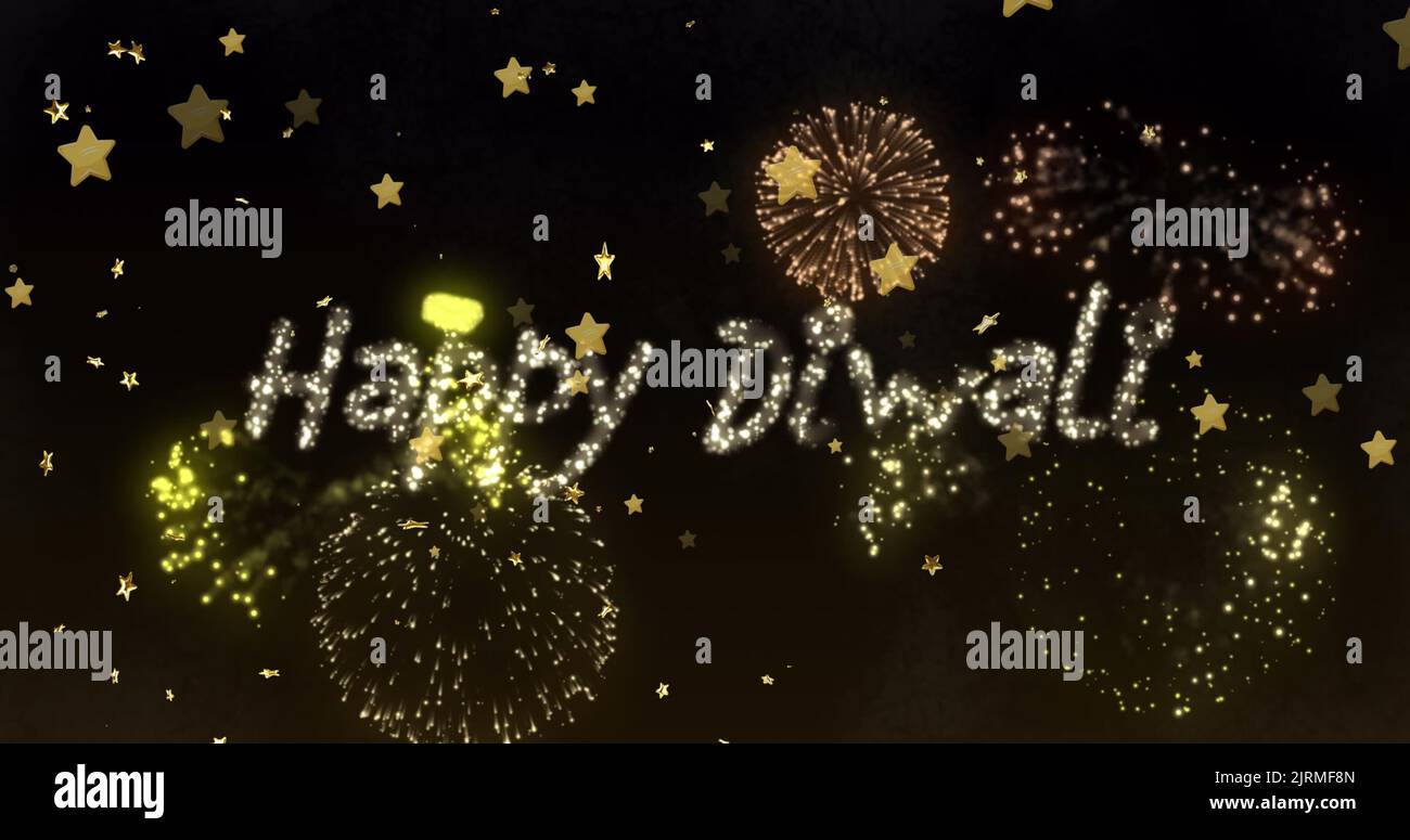 Immagine di fuochi d'artificio e felice diwali su sfondo nero Foto Stock