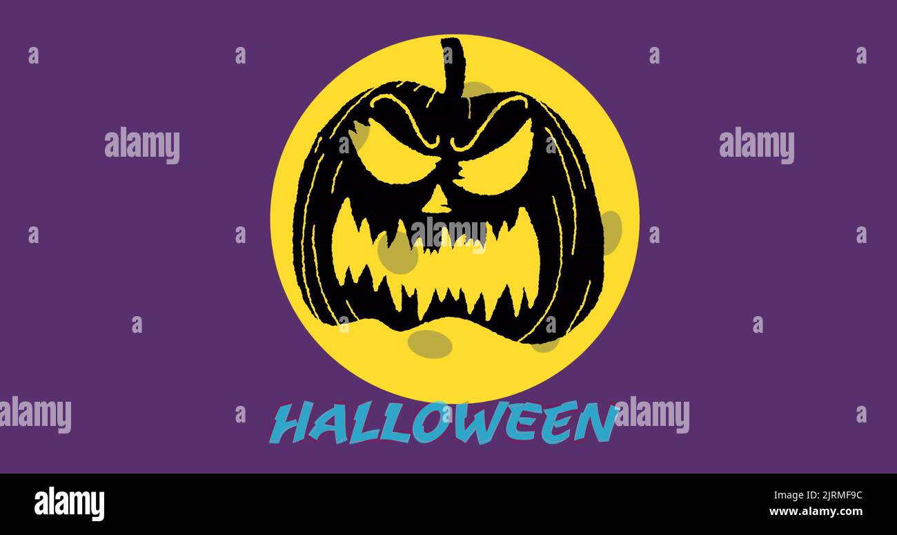 Immagine del testo di Halloween in blu con la testa di zucca sopra la luna piena, sul viola Foto Stock