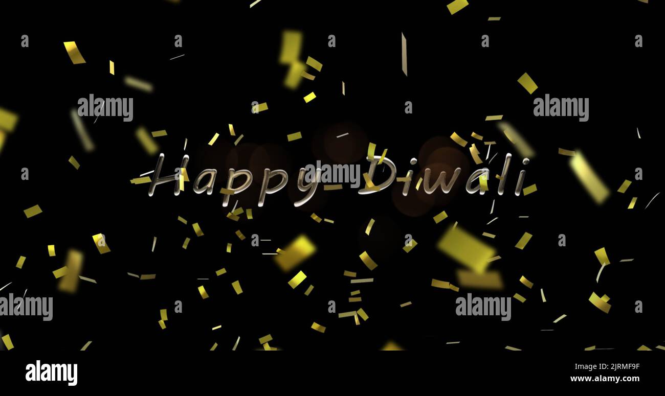 Immagine di confetti e buon diwali su sfondo nero Foto Stock
