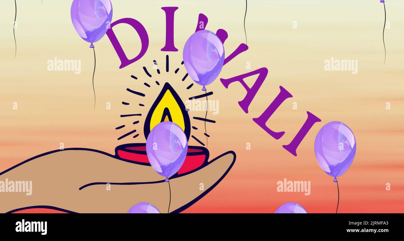 Immagine dei palloncini galleggianti sopra diwali e della candela che tiene la mano Foto Stock