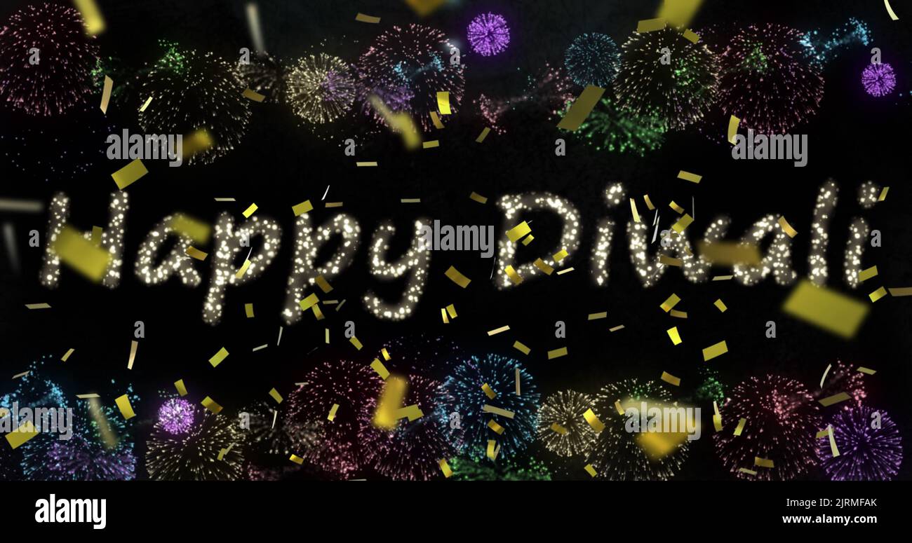 Immagine di felice diwali sopra fuochi d'artificio su sfondo nero Foto Stock