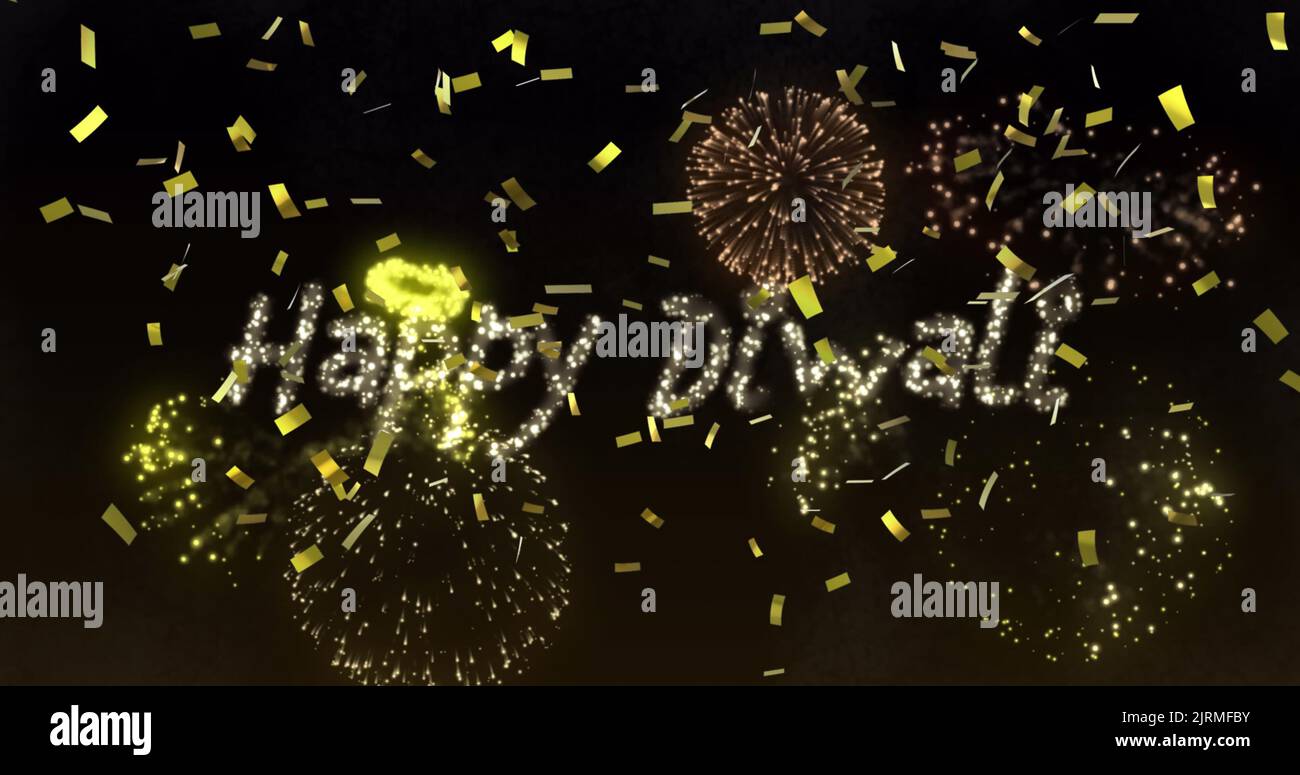 Immagine di Happy diwali su fuochi d'artificio e confetti su sfondo nero Foto Stock